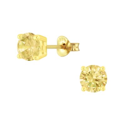 Joy|S - Zilveren 6 mm oorbellen - rond - zirkonia champagne geel - gold plated