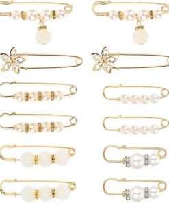 Allecto Plus - Set van 12 parelmoer veiligheidsspelden - Decoratieve broche pins - Sjaal- en hoed pins voor dames - Trui versiering opbergdoos