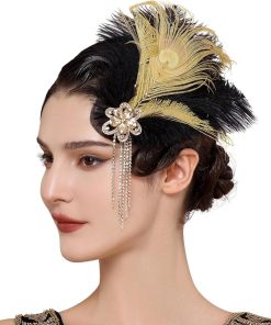 Allecto Plus - Roaring 20s Pauw Fascinator met Strass en Pauwenveer - Haaraccessoires in Zwart en Goud