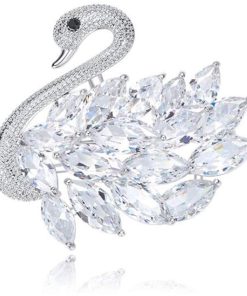 Elegante Zwaan Broche - Verguld 18k Wit Goud - Zirkonia Kristal