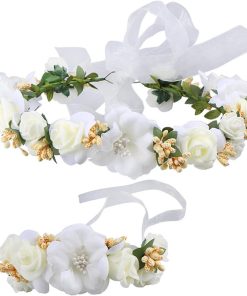 Allecto Plus - Bloemenkrans dames en meisjes voor bruidsfotografie en festivals beige M met bloemenpolsband