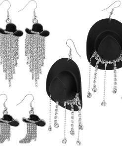 Allecto Plus - 3 paar Western Cowgirl Cowboy Hoed Oorbellen Set met Emaille Hoeden Laarzen Glinsterende Strass Kwast Oorbellen voor Vrouwen - Country Concerten Rodeo Gala Sieraden Geschenken voor Outfits