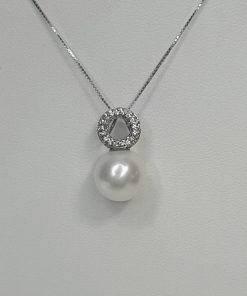 Witgouden hanger - 14 karaat - diamant - cultivé parel - uitverkoop Juwelier Verlinden St. Hubert - van €785,= voor €495,=