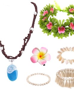 Titel: Allecto Plus - Set van 6 Prinsessenaccessoires met Prinsessenketting, Bloemen Haarspeld en Enkelkettinkjes - Voor Meisjes en Kinderen - Feestaccessoires met Vaiana Thema