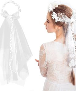 Allecto Plus - Bruidssluier met bloemenkrans en parels voor elegante bruidskapsel - Vrijgezellenfeest accessoire met haarstrik voor droombruiloft