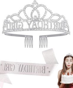 Allecto Plus - Verjaardagskroon tiara voor vrouwen en meisjes | Sjerp & strass tiaraset | Verjaardagssjerp en tiara hoofdband (zilver) | Groot Kunststof materiaal