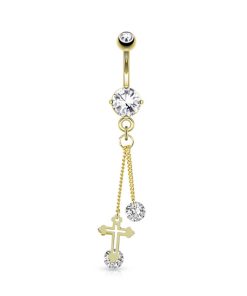 Navelpiercing kruis met lange hanger CZ steen wit gold plated 14kt. - LMPiercings
