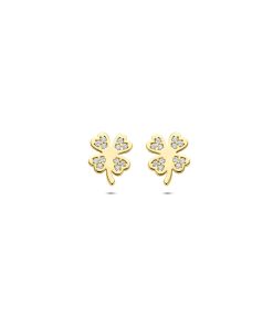 Lev Sieraden oorknoppen klavertje zirkonia 7,5 mm 14 karaat Geelgouden oorknoppen uitgevoerd in de vorm van een klavertje met zirkonia.