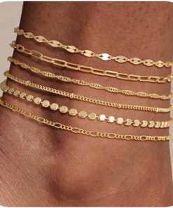 Allecto Plus - Set van 6 Waterdichte Enkelbanden voor Vrouwen - Gouden Enkelbanden met Visgraat, Paperclip Kraal en Figaro Ontwerp - Zomer Sieraden met Sierlijke Stijl