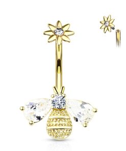Navelpiercing bij met steentjes in vleugel en hoofd met bloemen top gold plated - LMPiercings
