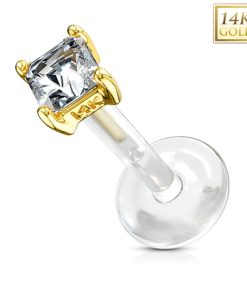 14 kt. piercing met vierkante witte steen geel goud - LMPiercings