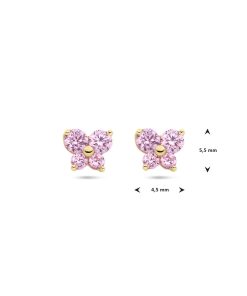 Lev Sieraden 14 karaat geelgoudenn oorknoppen vlinder roze zirkonia kinder oorbellen.
