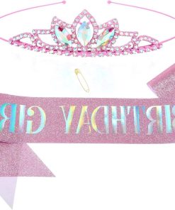 Allecto Plus - Verjaardag Meisje Sjerp en Tiara Set - 2 Stuks Roze Strass - Verjaardag Decoraties met Kroon