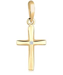 Elli PREMIUM - Hanger - Dames Kruis Hanger Religie met Diamant (0.005 ct.) in 585 geel goud - Dames