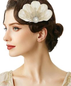 Allecto Plus - Haarclip met Pauwenveer en Strass - Feestelijke 20s Gatsby Flapper Hoofddeksels voor Vrouwen - Beige Kleur