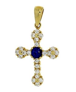 Gouden Kruis Hanger 41 mm 23 mm Blauw Zirkonia 14 karaats