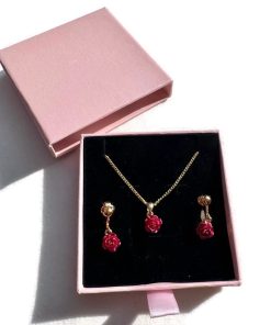 Clip Oorbellen - Set - Oorclips met Ketting - Roosjes - Goud plated - Rood - Hangoorbellen - MNQ bijoux