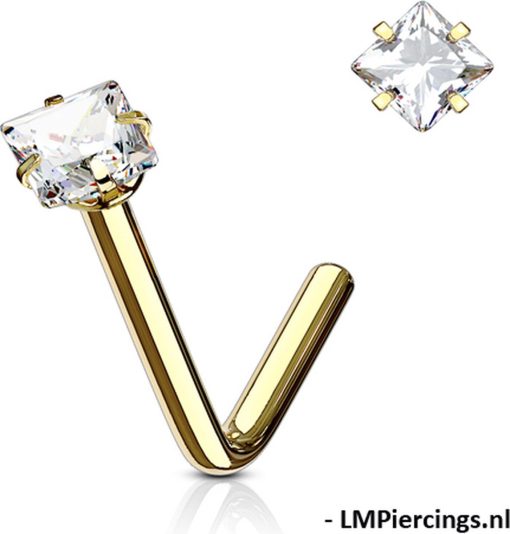 LMPiercings NL | Neuspiercing gold plated met wit steentje vierkant - LMPiercings | Nu te koop bij 14Karaats.nl | 10001087-Earrings/Body-piercing Jewellery
