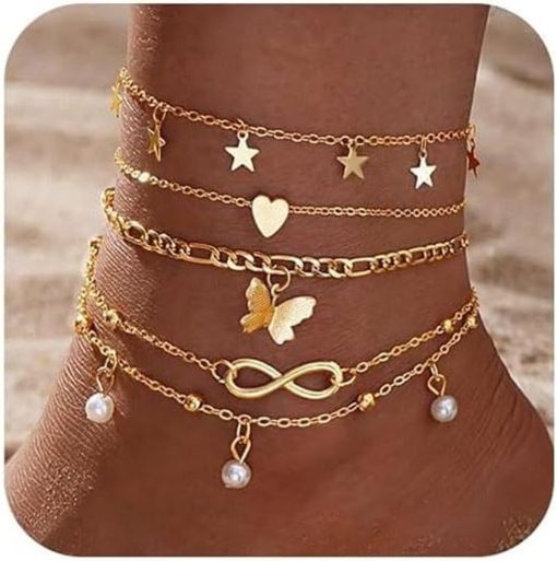 Merkloos / Sans marque | Allecto plus - Verstelbare 14K Goud Enkelbanden Set voor Vrouwen - Zomerse Strand Enkelketting met Vlinder en Ster - Sieraden Cadeau | Nu te koop bij 14Karaats.nl | 10001083-Anklets
