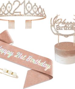 Merkloos / Sans marque | 21e Rose Gouden Verjaardag Sjerp en Tiara Set - Verjaardagscadeaus voor Vrouwen - 3 stuks - Roze - Strass | Nu te koop bij 14Karaats.nl | 10001093-Tiaras
