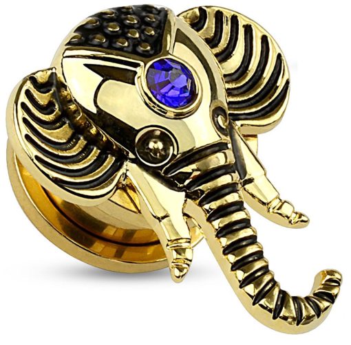 LMPiercings NL | Jewelled Saffierblauw Olifant Screw Fit plug gold plated - 3 mm ©LMPiercings | Nu te koop bij 14Karaats.nl | 10001087-Earrings/Body-piercing Jewellery