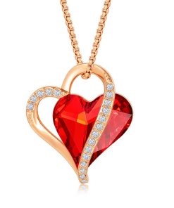 QoF | Rood Swarovski® Dubbel Hart Pendant Hanger met 14k Goud Sier - Ketting 40cm +5cm | Nu te koop bij 14Karaats.nl | 10001091-Pendants