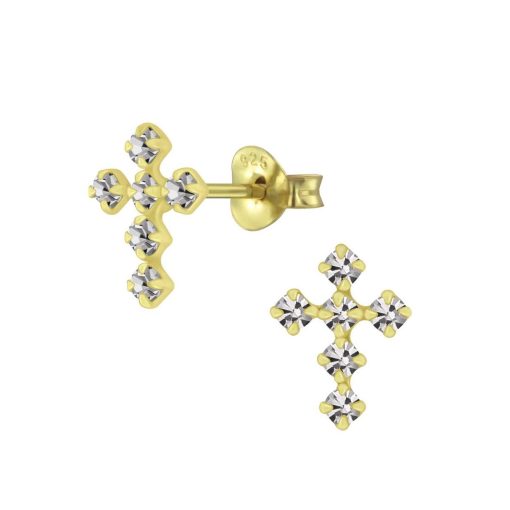 JYC | Joy|S - Zilveren kruis oorbellen - 7 x 10 mm - black diamond/ grijs kristal - gold plated | Nu te koop bij 14Karaats.nl | 10001087-Earrings/Body-piercing Jewellery