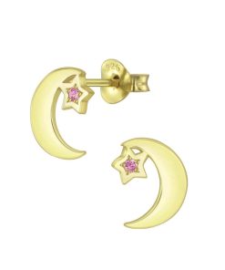 JYC | Joy|S - Zilveren maan oorbellen - ster roze kristal - gold plated | Nu te koop bij 14Karaats.nl | 10001087-Earrings/Body-piercing Jewellery
