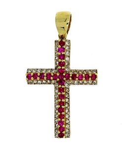 Star juwelier | Gouden Kruis Hanger 42 mm 24 mm Robijn Zirkonia | Nu te koop bij 14Karaats.nl | 10001091-Pendants
