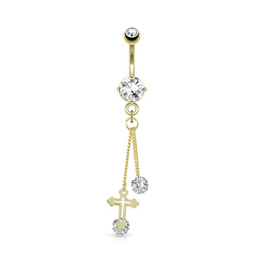 LMPiercings NL | Navelpiercing kruis met lange hanger CZ steen wit gold plated 14kt. - LMPiercings | Nu te koop bij 14Karaats.nl | 10001087-Earrings/Body-piercing Jewellery