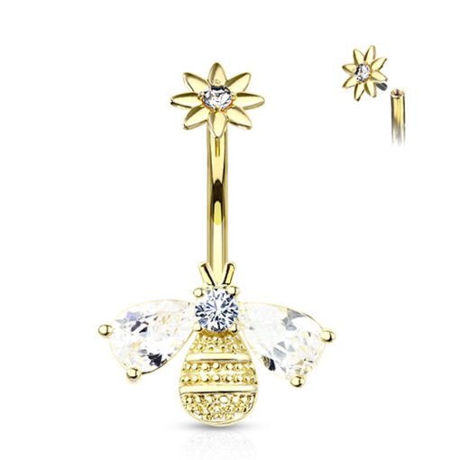 LMPiercings NL | Navelpiercing bij met steentjes in vleugel en hoofd met bloemen top gold plated - LMPiercings | Nu te koop bij 14Karaats.nl | 10001087-Earrings/Body-piercing Jewellery