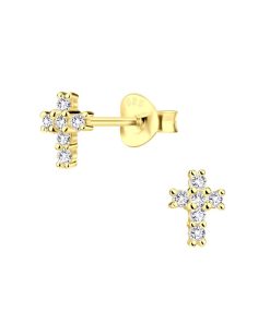 JYC | Joy|S - Zilveren kruisje oorbellen - 5 x 7 mm - oorknopjes - zirkonia - gold plated | Nu te koop bij 14Karaats.nl | 10001087-Earrings/Body-piercing Jewellery