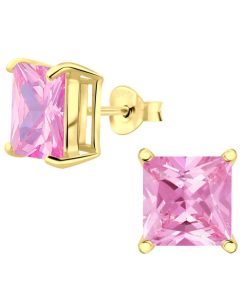 JYC | Joy|S - Zilveren vierkant oorbellen - 8 mm - zirkonia roze - gold plated | Nu te koop bij 14Karaats.nl | 10001087-Earrings/Body-piercing Jewellery