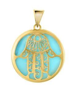 Lucardi | Lucardi Dames 14 Karaat geelgouden hanger hamsa aqua emaille - Hanger - 14 Karaat Goud - Geelgoud | Nu te koop bij 14Karaats.nl | 10001091-Pendants
