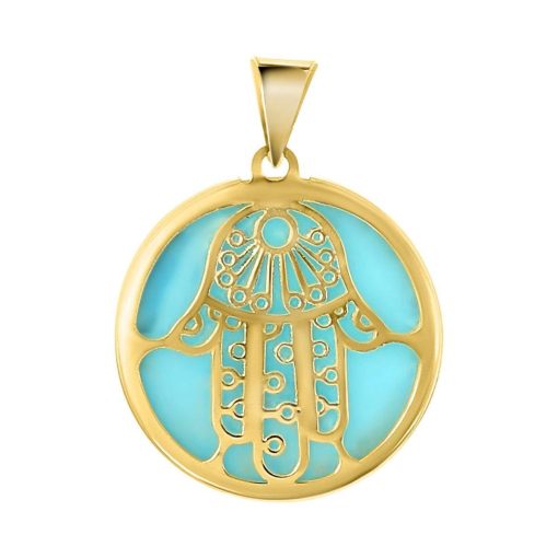 Lucardi | Lucardi Dames 14 Karaat geelgouden hanger hamsa aqua emaille - Hanger - 14 Karaat Goud - Geelgoud | Nu te koop bij 14Karaats.nl | 10001091-Pendants