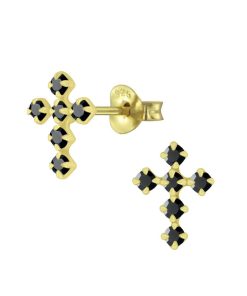JYC | Joy|S - Zilveren kruis oorbellen - 7 x 10 mm - zwart kristal - gold plated | Nu te koop bij 14Karaats.nl | 10001087-Earrings/Body-piercing Jewellery