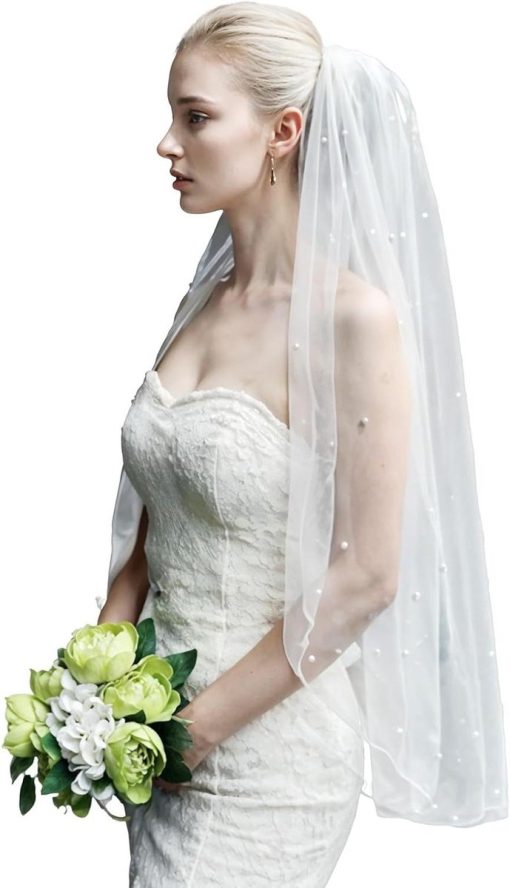 Merkloos / Sans marque | Lange parels bruidssluier voor dromenbruiloft - Wit - One Size | Nu te koop bij 14Karaats.nl | 10001093-Tiaras